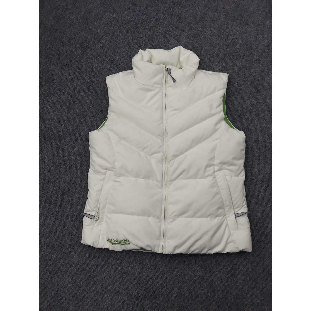 Columbia Down Vest Women Large White Green Full Zip Goose Puffer Mock Neck Zip - Picture 1 of 13